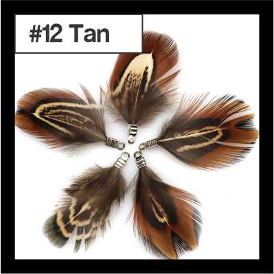 Five 4.5cm feather tassels in a ring, brown speckled feathers with tan edging, labelled #12
