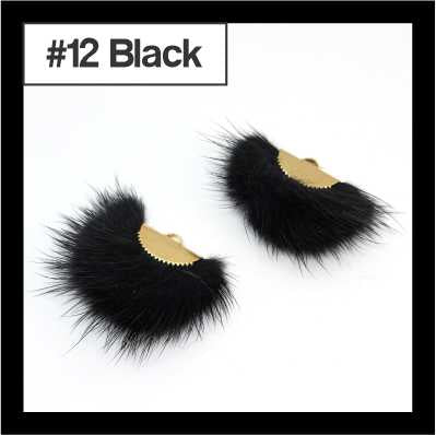 Pair of fan-shaped black faux mink tassels with gold-tone caps, labelled #12