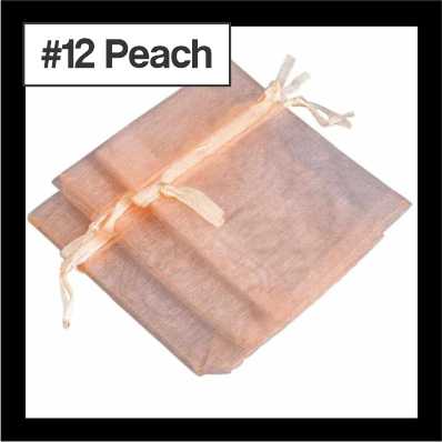 Sheer peach organza drawstring bags with satin ties, with a numbered colour label