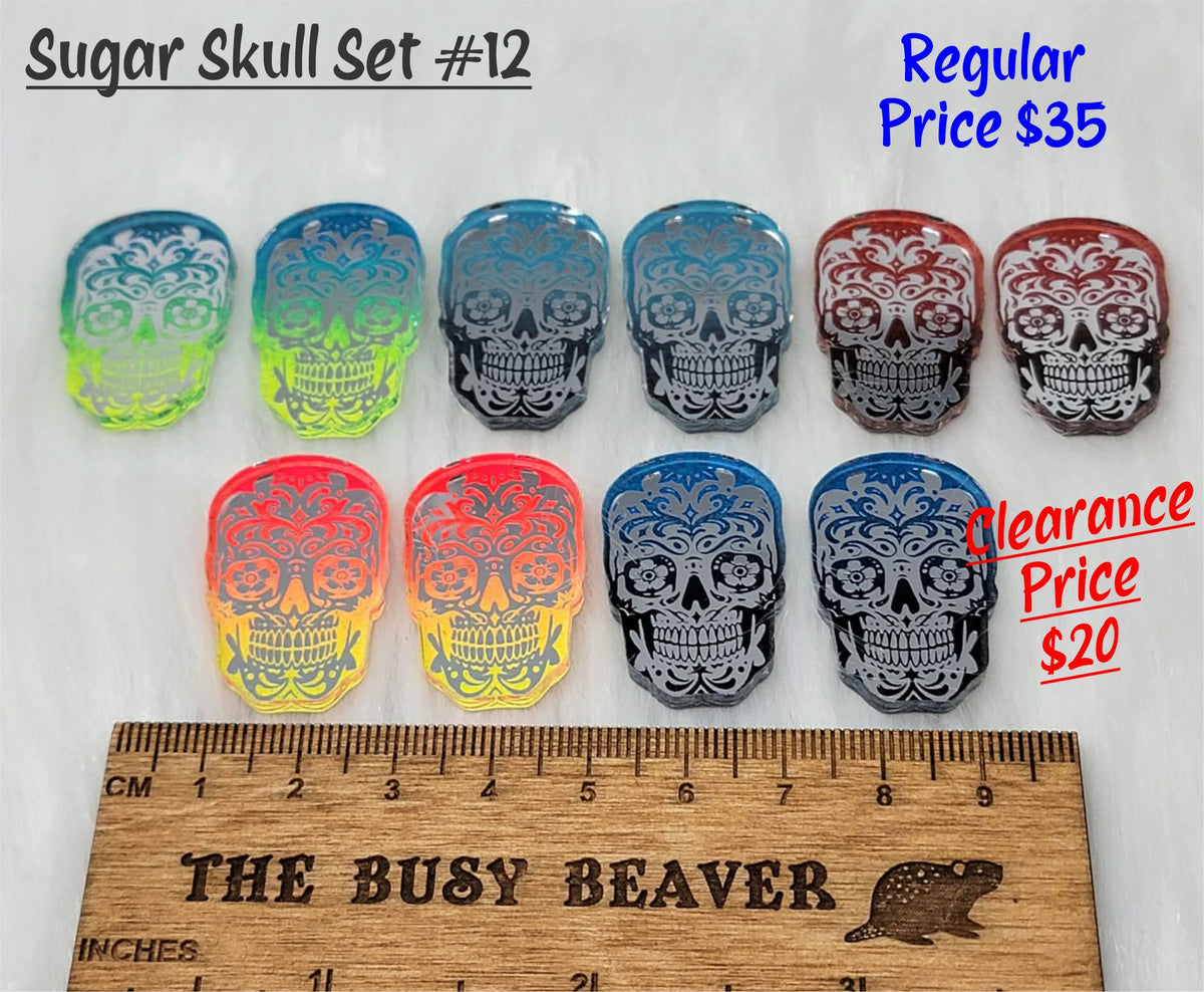 Sugar skull set #12: five pairs of ombre acrylic sugar skull cabochons (cabs) in teal, grey, red and blue