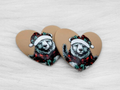 Pair of 37mm resin heart cabochons (cabs) in tan with a bear wearing a Santa hat and plaid scarf