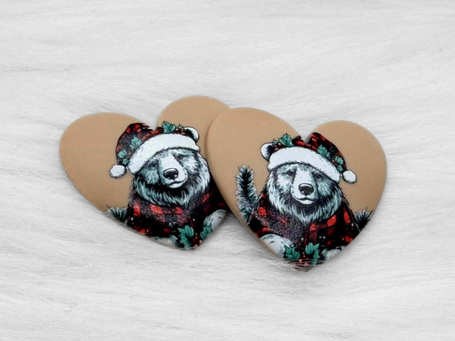 Pair of 37mm resin heart cabochons (cabs) in tan with a bear wearing a Santa hat and plaid scarf