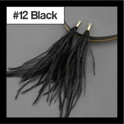 Pair of 14cm black feather tassels with gold connectors, labelled #12 Black