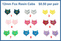 Nine pairs of 12mm glittery resin fox cabochons (cabs) in rainbow, silver, yellow, pinks, red, green, blue and purple