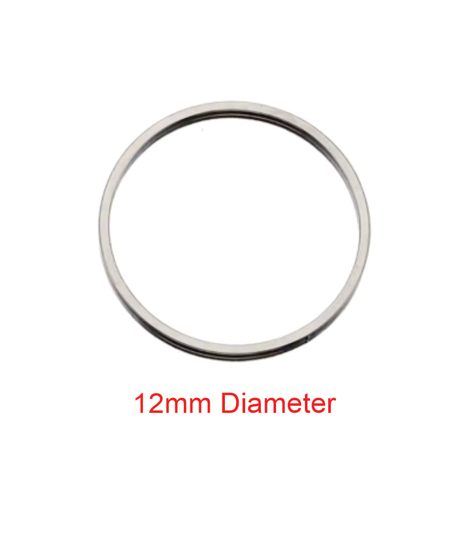 Single silver stainless steel open round bezel frame with a 12mm size label