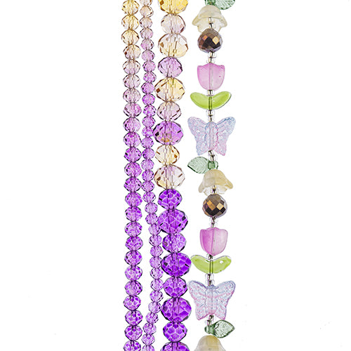 Four strands of Crystal Lane glass beads with flower, leaf and faceted round beads in a yellow to purple mix