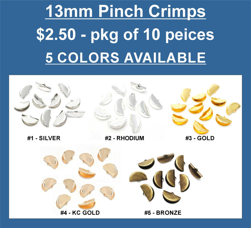 Chart of 13mm pinch crimp ends in five colours, sold in packages of 10