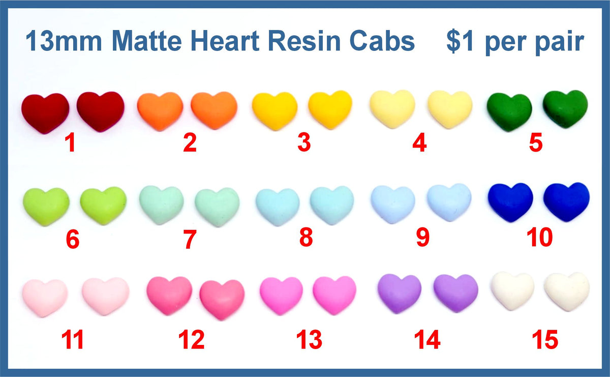 Fifteen pairs of 13mm matte resin heart cabochons (cabs) in reds, yellows, greens, blues, pinks and purple