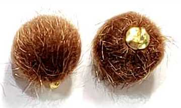 Pair of 15mm brown faux mink pom pom tassels with gold-tone caps and loops