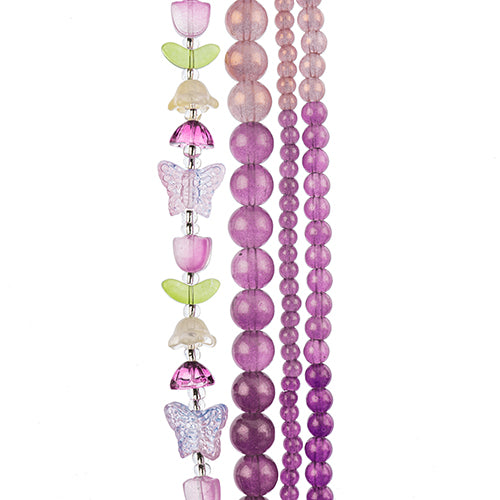 Four strands of Crystal Lane glass beads with flower, leaf and faceted round beads in a purple mix