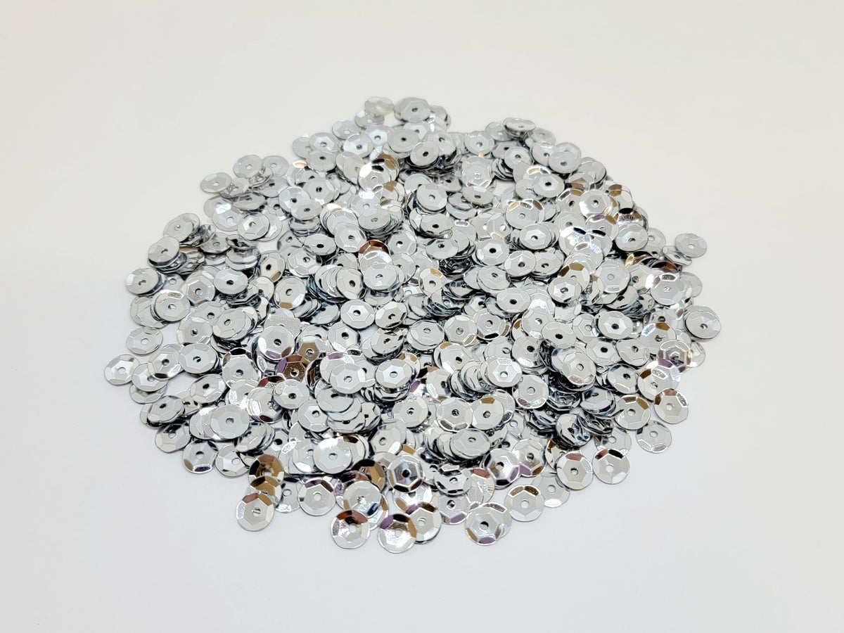 Pile of 6mm round silver sequins with centre holes, on a white background