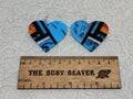Pair of heart resin slab inlay earrings, combo #14: blue marble with black, white and orange inlay