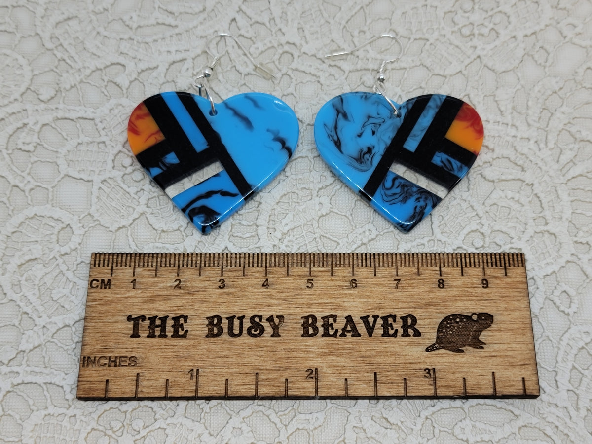 Pair of heart resin slab inlay earrings, combo #14: blue marble with black, white and orange inlay