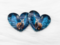 Pair of 37mm resin heart cabochons (cabs) with a stag in a blue snowy night forest