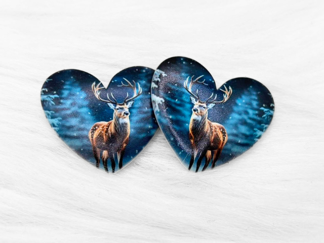 Pair of 37mm resin heart cabochons (cabs) with a stag in a blue snowy night forest