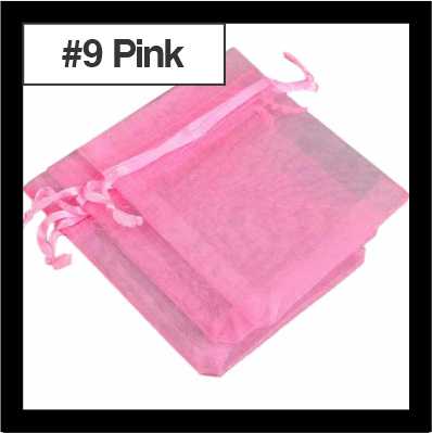 Sheer pink organza drawstring bags with satin ties, with a numbered colour label