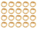 Grid of 20 14K gold double-hole connector rings, arranged in rows on a white background