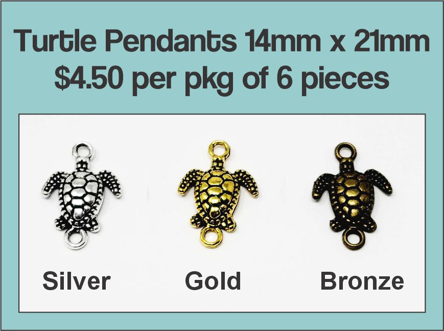Turtle pieces, 14 x 21mm, shown in silver, gold and bronze tone