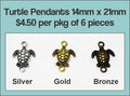 Turtle pieces, 14 x 21mm, shown in silver, gold and bronze tone