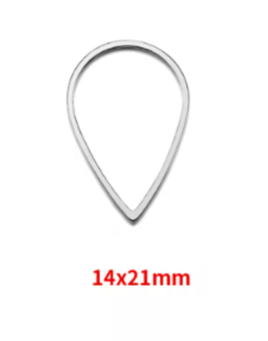 Single silver stainless steel open teardrop bezel frame with a 14 x 21mm size label