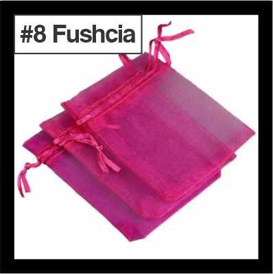 Sheer fuchsia organza drawstring bags with satin ties, with a numbered colour label