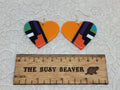Pair of heart resin slab inlay earrings, combo #15: orange with black, white, purple and green inlay