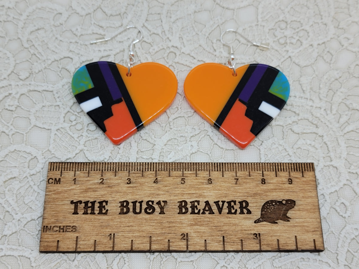 Pair of heart resin slab inlay earrings, combo #15: orange with black, white, purple and green inlay