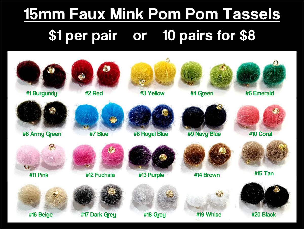 Chart of 20 colours of 15mm faux mink pom pom tassels with gold-tone caps, from burgundy to black