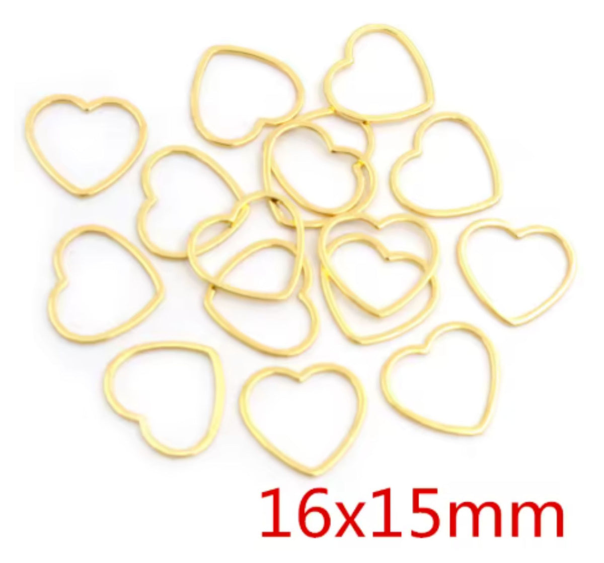 Pile of gold stainless steel open heart bezel frames, labelled 16 x 15mm