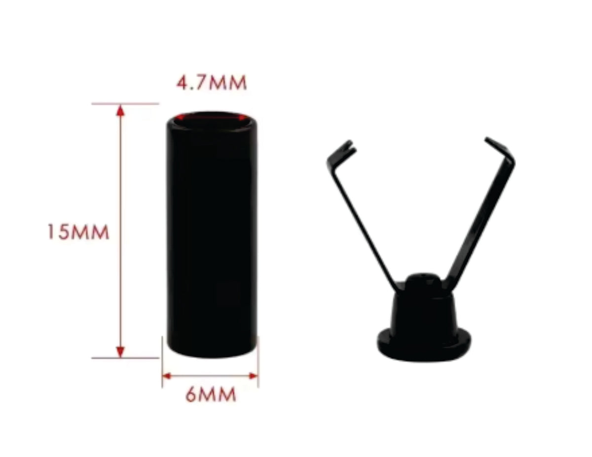 Black 6 x 15mm cord end stopper tube with its two-prong insert and size marks