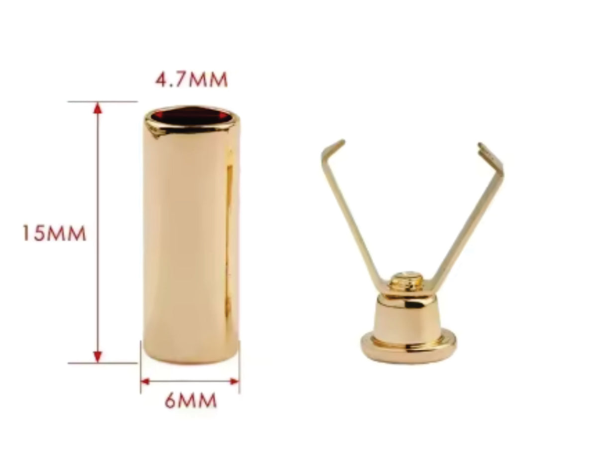 Gold 6 x 15mm cord end stopper tube with its two-prong insert and size marks