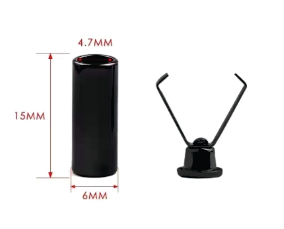Gunmetal 6 x 15mm cord end stopper tube with its two-prong insert and size marks