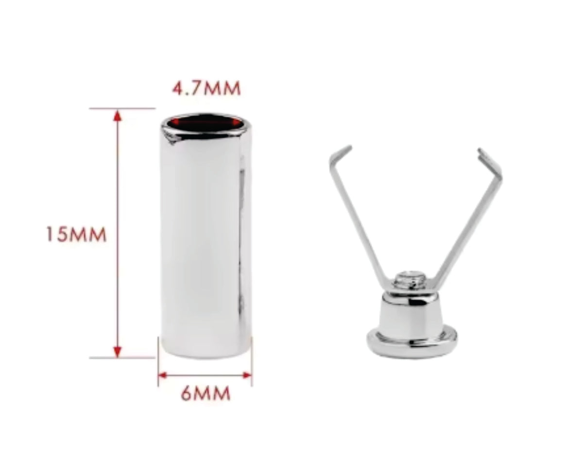 Silver 6 x 15mm cord end stopper tube with its two-prong insert and size marks