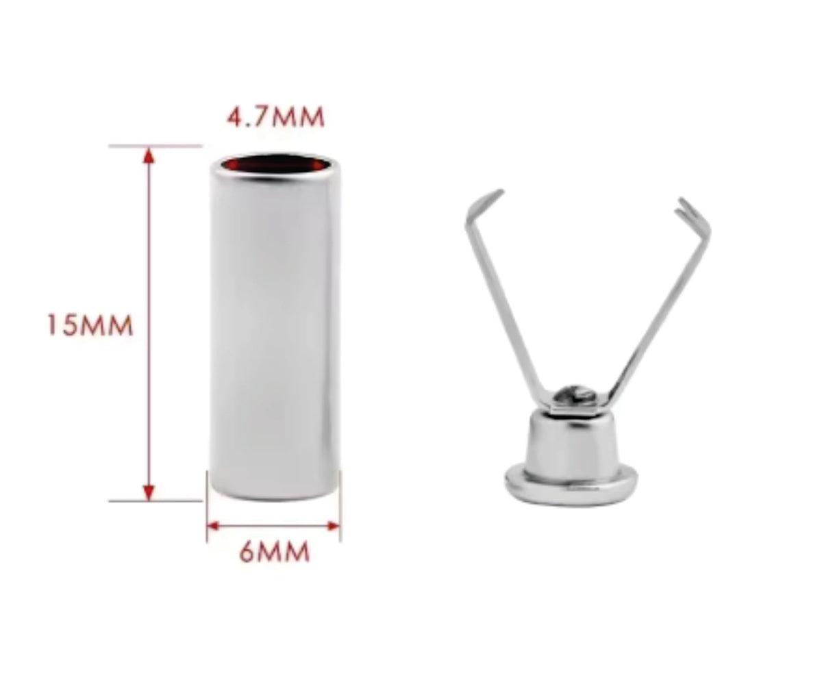 Matte silver 6 x 15mm cord end stopper tube with its two-prong insert and size marks