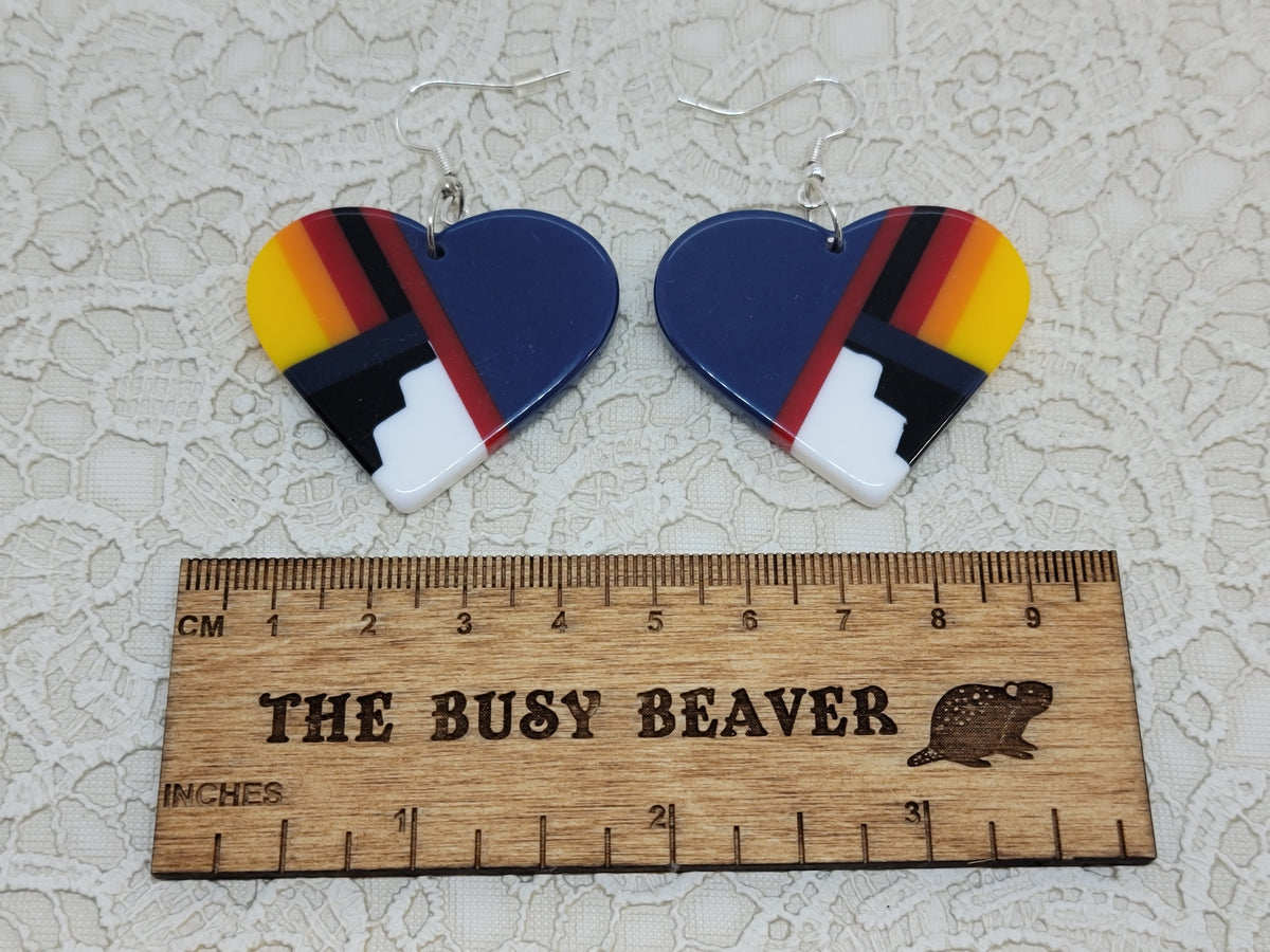 Pair of heart resin slab inlay earrings, combo #16: navy with sunset stripes and black and white