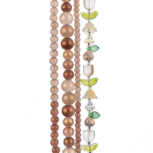 Four strands of Crystal Lane glass beads with flower, leaf and faceted round beads in a brown mix