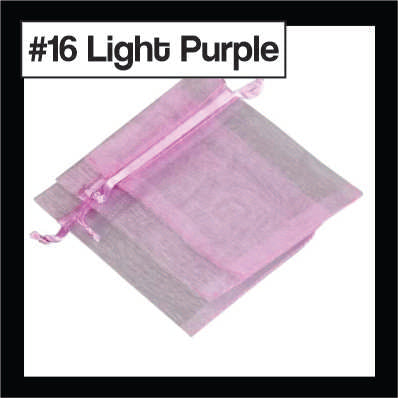 Sheer light purple organza drawstring bags with satin ties, with a numbered colour label