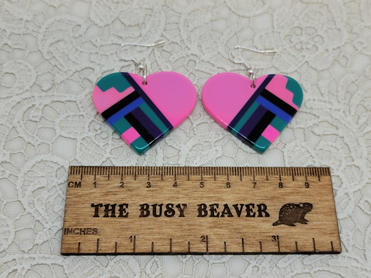Pair of heart resin slab inlay earrings, combo #17: pink with teal, purple and black inlay