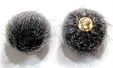Pair of 15mm dark grey faux mink pom pom tassels with gold-tone caps and loops