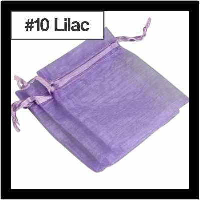 Sheer lilac organza drawstring bags with satin ties, with a numbered colour label