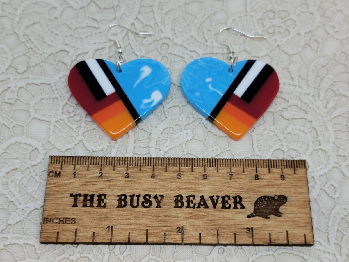 Pair of heart resin slab inlay earrings, combo #18: red-orange and blue marble with black and white