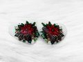 Pair of 37mm resin heart cabochons (cabs) in white with red poinsettias and pine cones