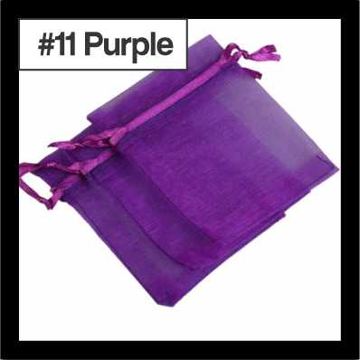 Sheer purple organza drawstring bags with satin ties, with a numbered colour label