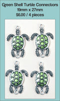 Four 19 x 27mm turtle connectors with green enamel shells and silver-tone bodies