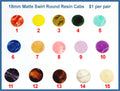Fifteen pairs of 18mm matte swirl round resin cabochons (cabs) in marbled brights, tortoiseshell and creams