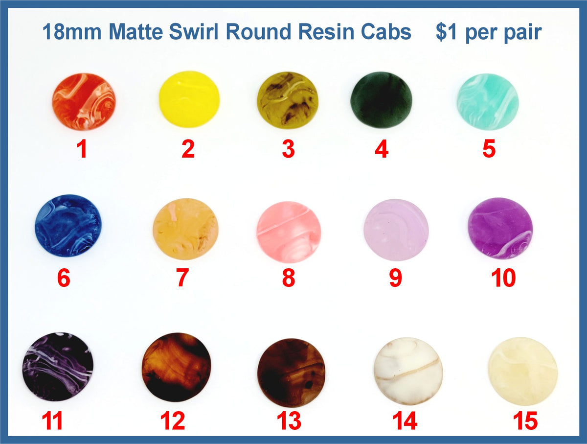 Fifteen pairs of 18mm matte swirl round resin cabochons (cabs) in marbled brights, tortoiseshell and creams