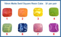 Eight pairs of 18mm matte swirl square resin cabochons (cabs) in red, orange, yellow, green, sage, blue, pink and purple