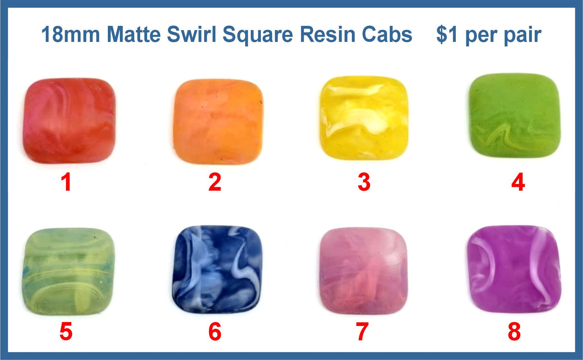 Eight pairs of 18mm matte swirl square resin cabochons (cabs) in red, orange, yellow, green, sage, blue, pink and purple