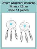 Two silver-tone 18 x 42mm dream catcher pendants with a turquoise-coloured bead and hanging feathers
