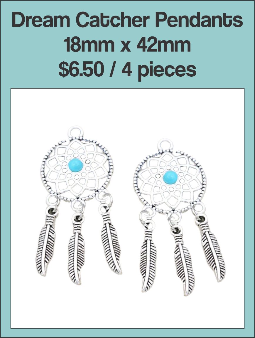 Two silver-tone 18 x 42mm dream catcher pendants with a turquoise-coloured bead and hanging feathers
